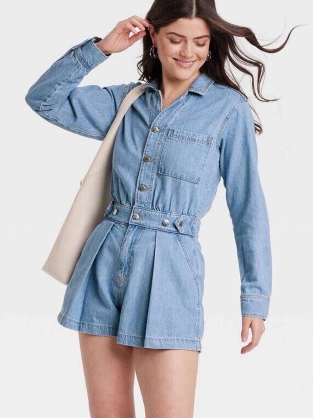 Universal Thread Denim Utility Romper Long Sleeve Button Front Size 8